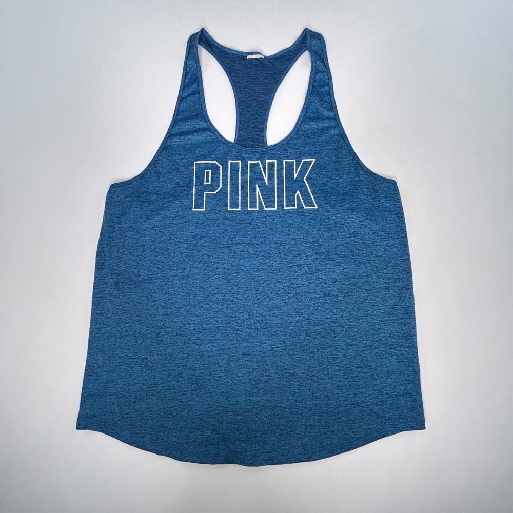 Victoria's Secret PINK Womens Tank Est M Blue Space Dye Racerback Logo